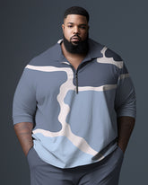 Men's Blue Big and Tall Gentleman's Camo Polo Zip Shirt and Pants Two-Piece Set